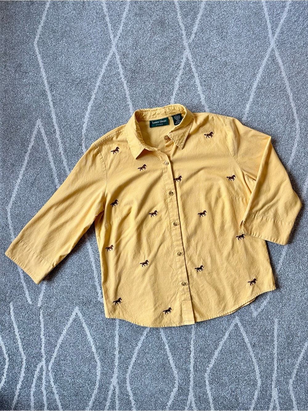 Lemon Grass Yellow Vintage Cotton Embroidered Horse Button Down Blouse